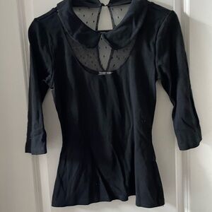 Unique Vintage Black Top with Sheer Polka Dot Detail